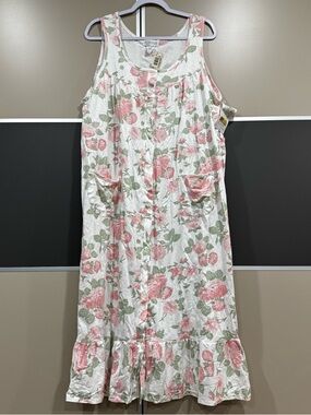 Vtg Komar Sz L Cotton Night Summer Dress White Floral Night Gown Cottage Farm